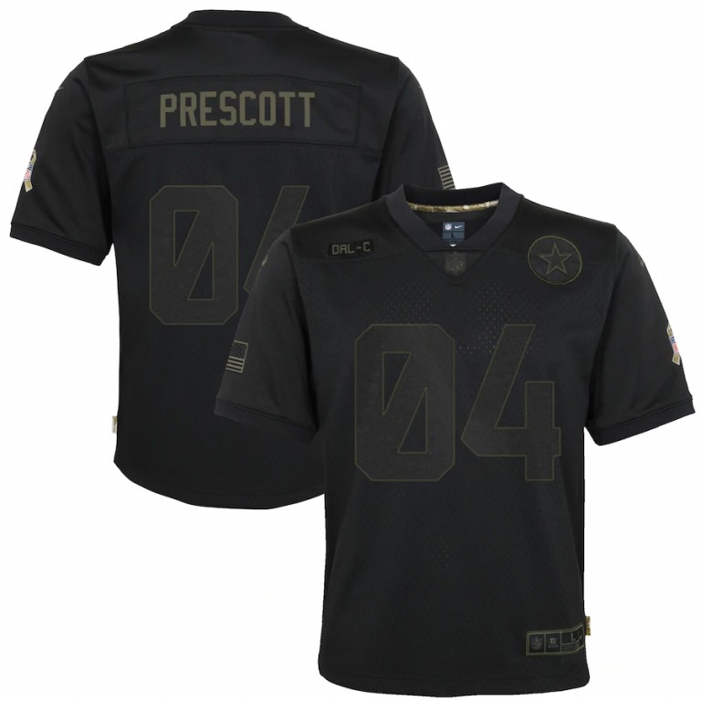 NFL Dallas Cowboys #4 Dak Prescott Nike Youth 2020 Salute to Service Game  Black jerseys